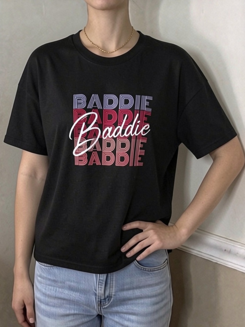 ❤️ 5 for $20! SHEIN Black Tee with Pink, Red & Purple 'Baddie' Graphic